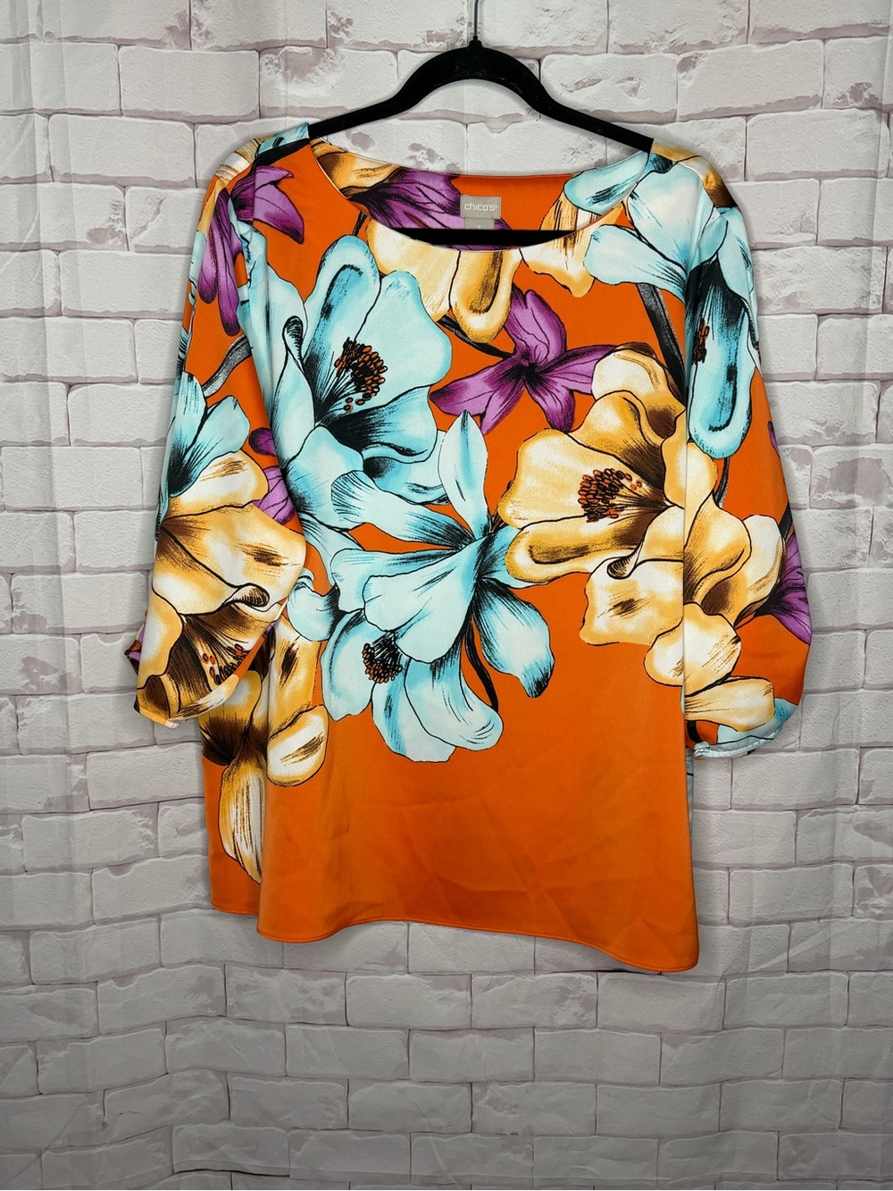 Chico’s Floral Blouse Orange Tropical Print Women’s Size 3 ( XL)